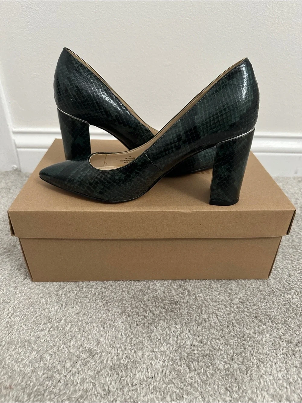 Marc Fisher Dark Green Snake-Print Pointed Block Heel Pumps